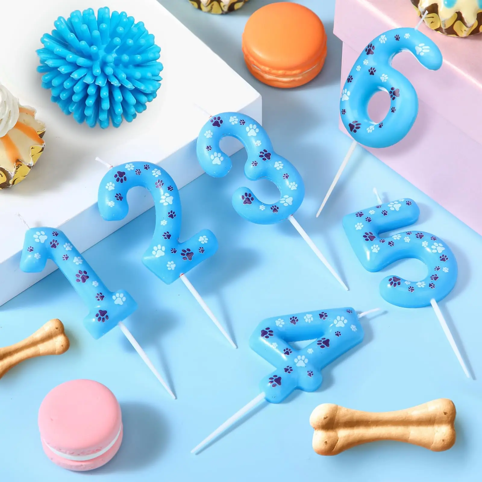 0-9 Blue and White Dog Birthday Candle Cake Top Digital Birthday Candle, Used for Boy and Girl Dog Claw Decoration Candles