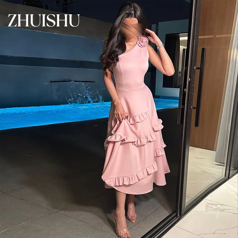 

ZHUISHU Pink Prom Dresses One-Shoulder Ruffled Handmade Flowers Tea-Length Party Gown Customized Evening Dresses 2025