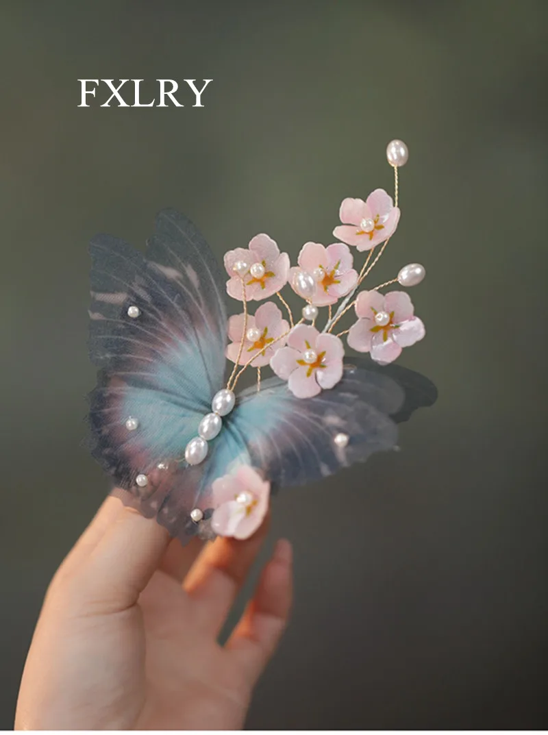 

FXLRY Original Design Handmade Vintage Silk Gauze Large Butterfly Headdress Sen Tied Flowers Hairpin Accessories