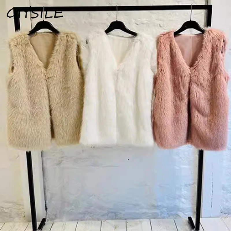 GIYSILE New Product Women Fur Coat Natural Medium Long Beach Sleeveless Faux Fur Outerwear Winter Jacket Lady Fur Overcoat