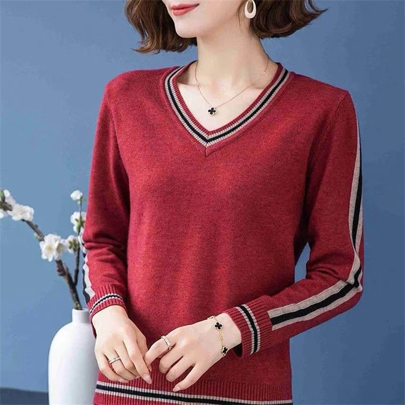 Women Korean Fashion Striped Patchwork Knitted Sweater Spring Autumn Casual V Neck Long Sleeve Pullover Tops Female Loose Jumper