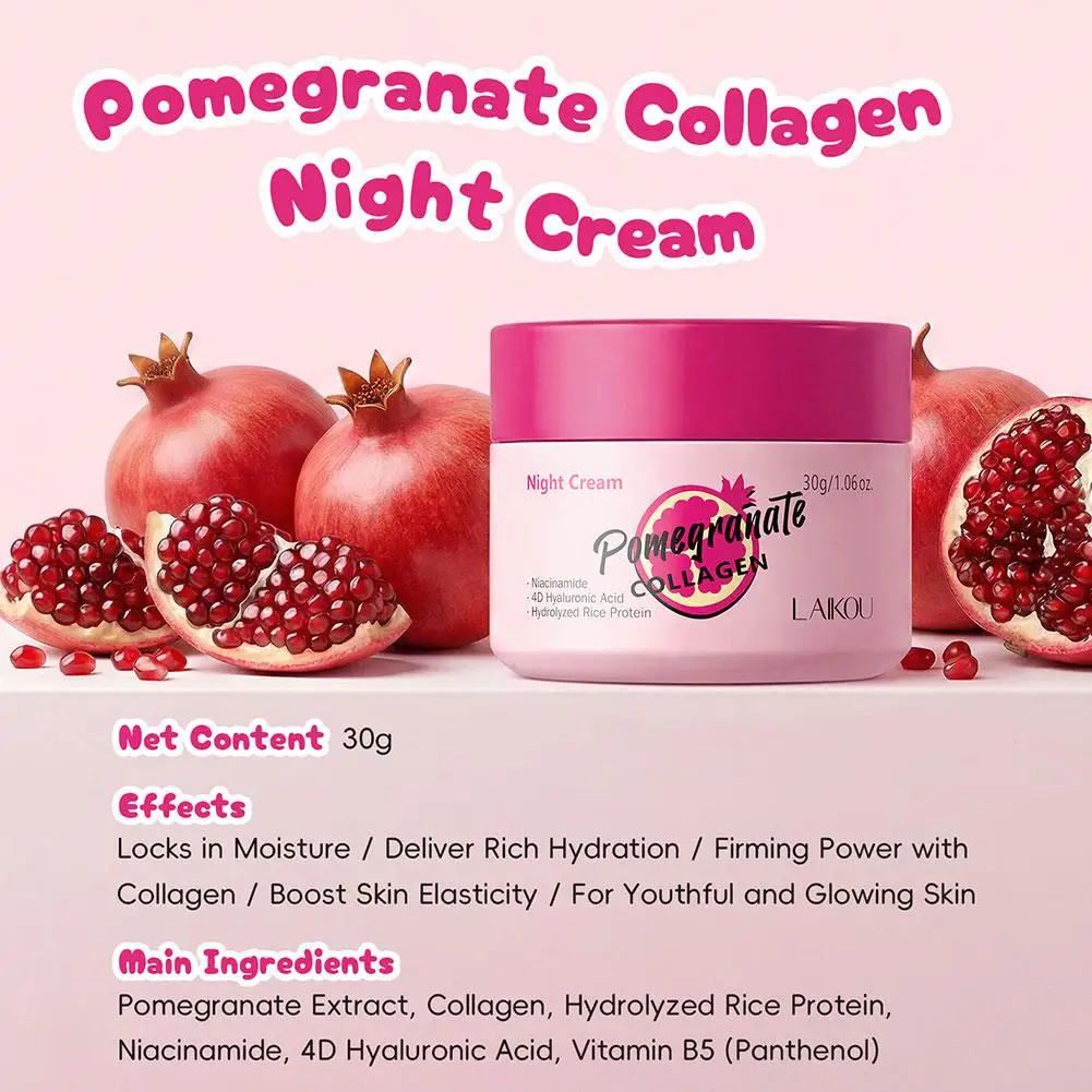 LAIKOU Pomegranate Collagen Night Cream 30g Hydrating Sleeping Cream for Deep Moisturizing Brightening Firming Face Skincare NEW