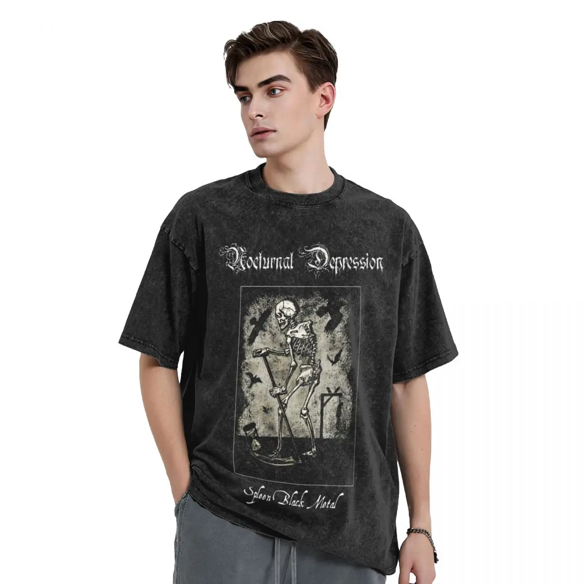 Nocturnal Depression Washed T Shirts Streetwear Novelty T-Shirts Black Metal Band Tees Men Women Short Sleeve  Graphic Printed