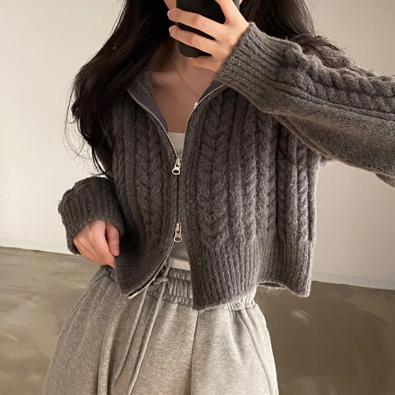 

Women's Vintage Solid Color Fried Dough Twists Double Zipper Sweater Coat Korean College Style Sweet Simple Short Cardigan New