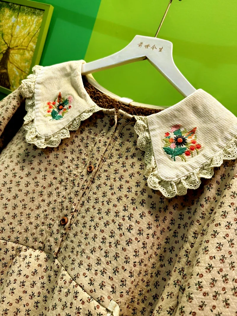 Women Winter Vintage Cotton Fleece Ruffled Lace Bohemian Blouse Retro Chic Victorian Edwardian Lolita Cute Babydoll Sweet Tops