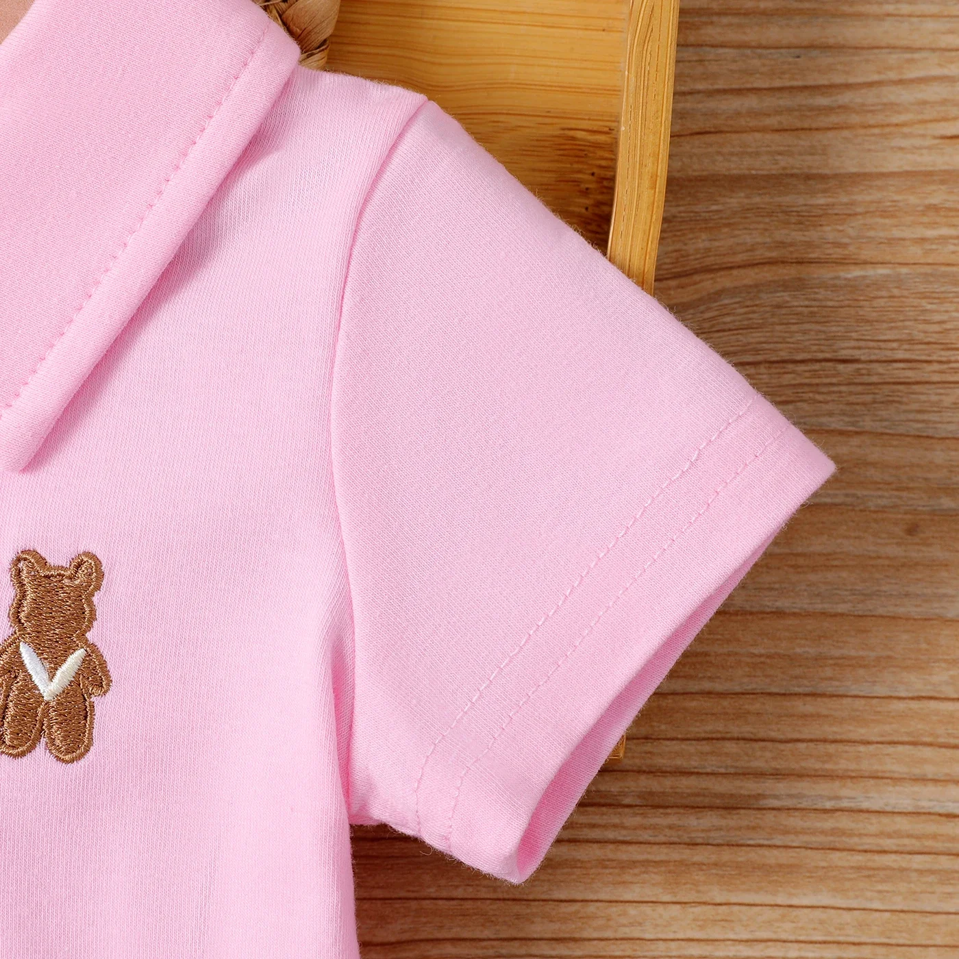 PatPat Baby Girl Bear Embroidered Polo Neck Pleated Dress Suitable for Summer Season Soft and Comfortable Basic Style