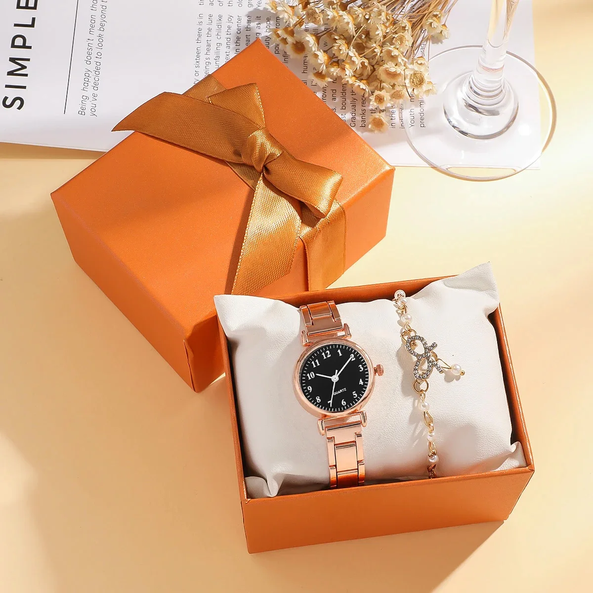 طقم ساعات كوارتز نسائية عصرية وخفيفة فاخرة بقرص دائري وسوار من الفولاذ مع سوار من اللؤلؤ الماسي قطعتين، مناسب لـ d #2