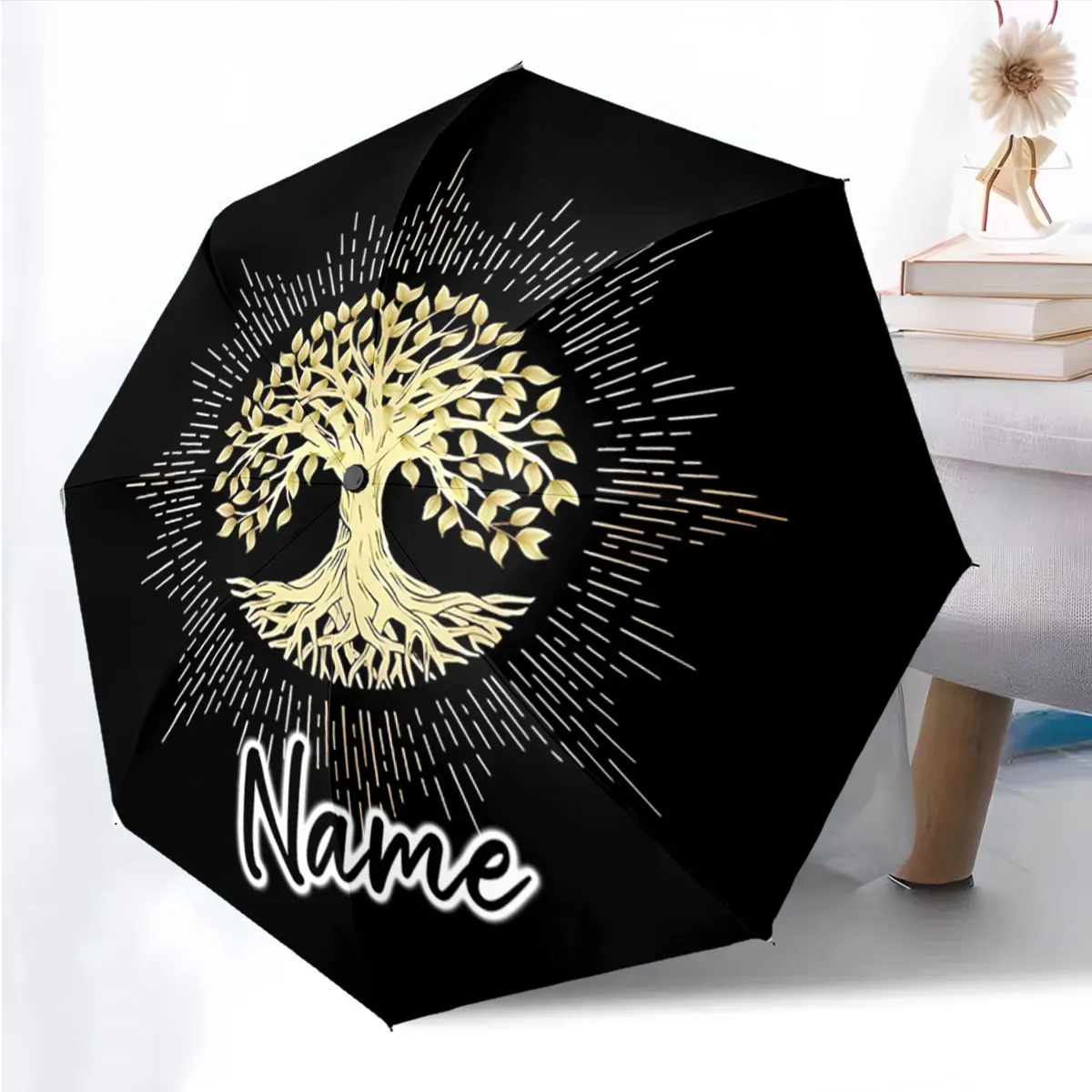 Custom Name Umbrella Golden Tree Design Umbrella Print 8 Iron Ribs Folding Umbrella Auto-Open Fashion Sunshade