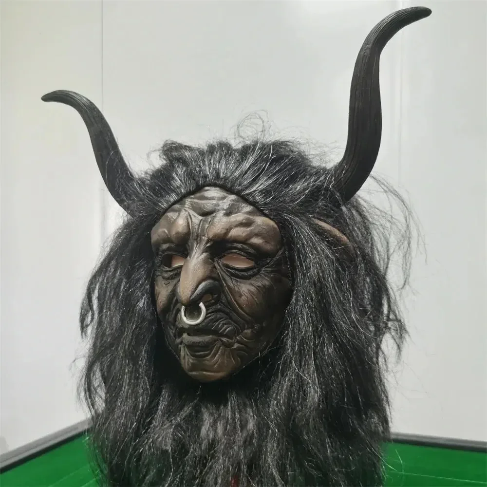 Corne d'horreur taureau démon roi masque de fête avec cheveux masque de Cosplay Halloween accessoires de déguisement effrayant drôle robe de vache noire masques en Latex