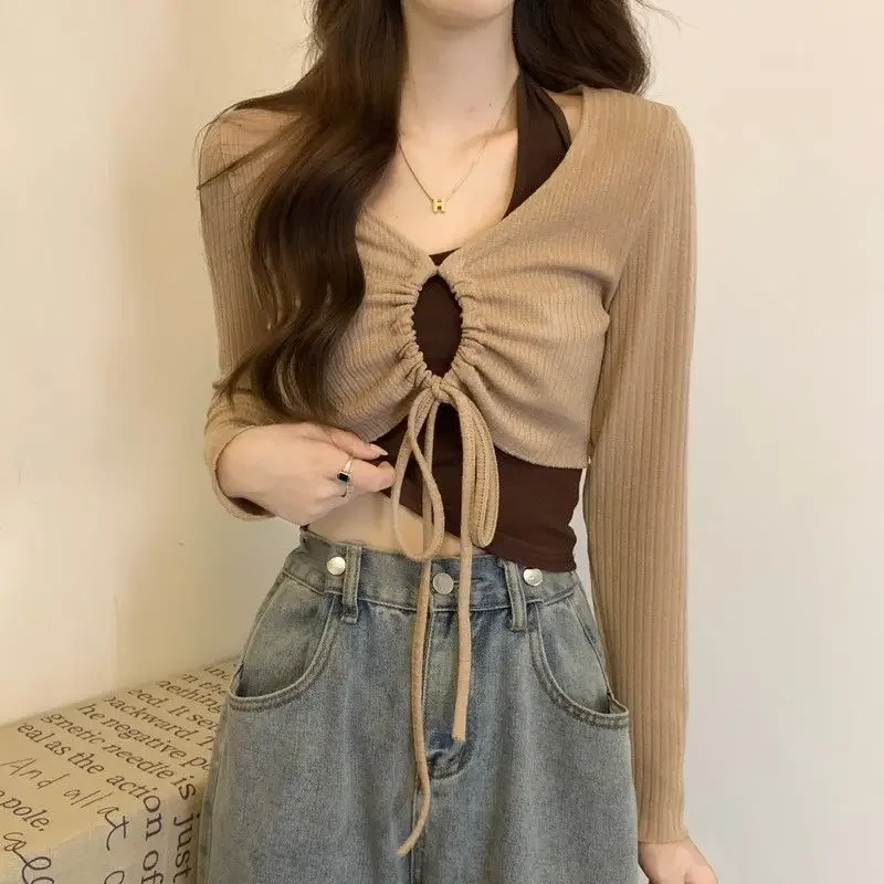American Vintage Hollow Two Piece Crop Tops Women Fashion Slim V-neck Halter+long Sleeve Drawstring Short Smock Spring Autumn