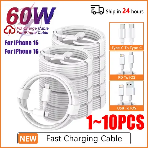 PD 60W USB C to Type C Fast Charging Cable for Apple iPhone 11 13 14 15 16 Pro Max 12 Mini 6 7 8 Plus XS XR iPad USB A 2M Cable