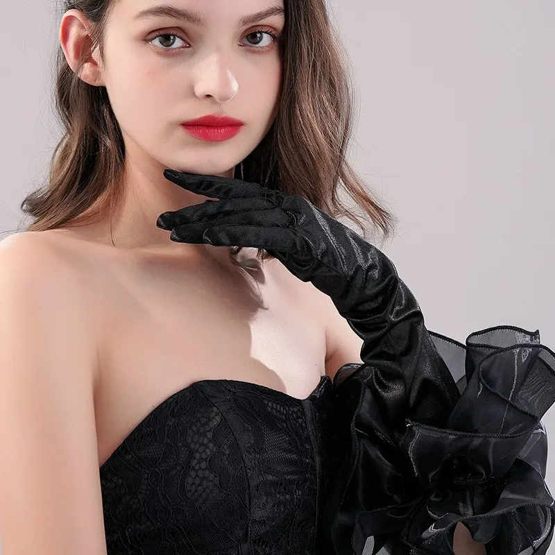 Guantes largos para vestido de novia, guantes negros para fotografía, banquete, noche