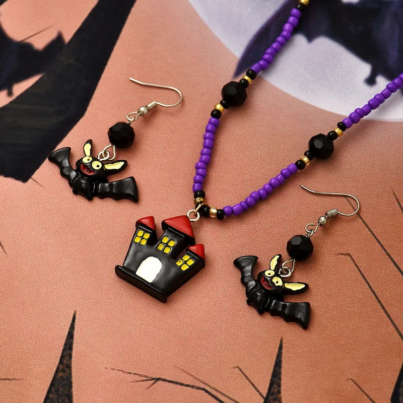 Europe and America Multi-color Resin Beading Dark Castle, Bat, Pumpkin Necklace Earstuds UNISEX Halloween Themed Party Necklace