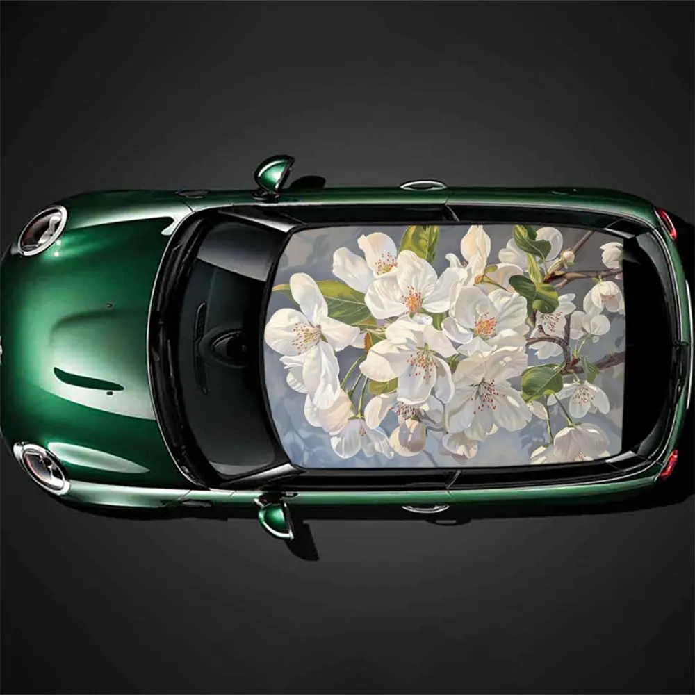 

White Flowers Painting Car Roof Sticker Wrap Racing SUV Auto Accessories Packaging PVC Car Hood Graphic Decal Decoration