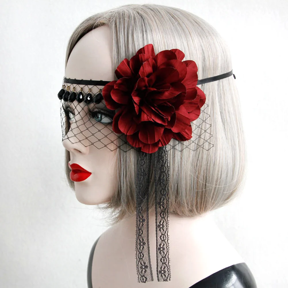 

Retro Black Half Face Veil Mask for Women Shiny Crystal Rhinestone Flower Design Fancy Dress Wedding Headwear Masquerade Ball