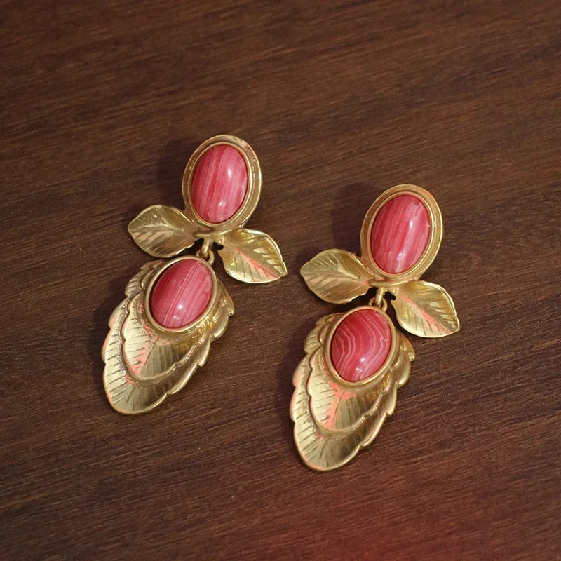 Autumn Harvest Fruit Jewelry 3D Multi Layer Petal Flower Leaf Red Pattern Stone Leaf Earrings Earstuds