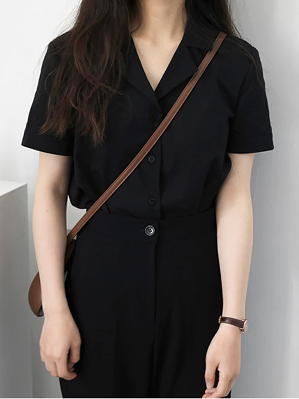 เสื้อผู้หญิงผ้าเนื้อนุ่ม สีพื้น ปกคอพับ สไตล์ลำลอง สตรีทแวร์ ทรงเข้ารูป แฟชั่นฤดูร้อน เสื้อเบลาส์ผู้หญิง