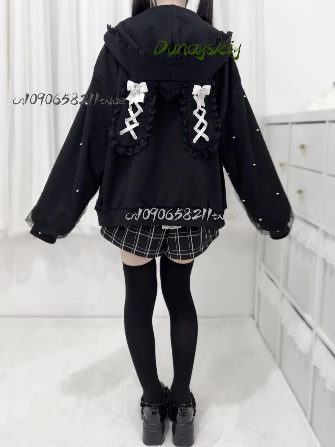 Bunny Hoodie Hoodies Y2K Rabbit Ear Hoodie Lolita Jacket Bow Girls Pearl JK Japan Lace Kawaii Zipper Cardigan Long Sleeved Top