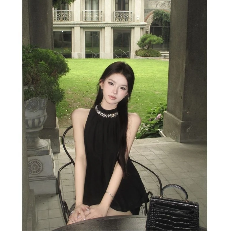 Japan Elegant Solid Black Sleeveless Halter Shirt Rhinestone Trim High Neck Slim A Line Mini Blouse Ladies Evening Date Club Top