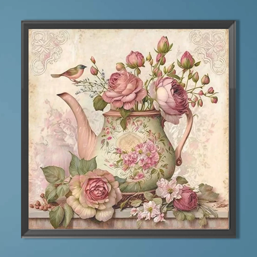 5D DIY كامل جولة الحفر الماس اللوحة الوردي زهرة إبريق الشاي عدة ديكور 40x40cm
