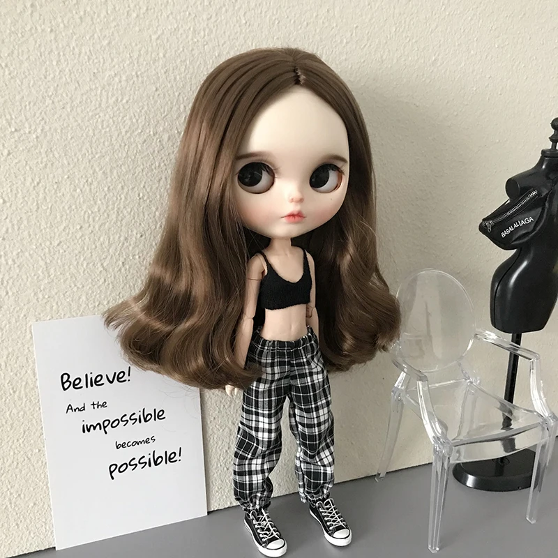 1 Pcs Blythe Doll Clothes Tube Top Sling and Plaid Casual Pants T-shirt Sweatpants Set for Barbie Blyth Licca OB24 Dolls Suit