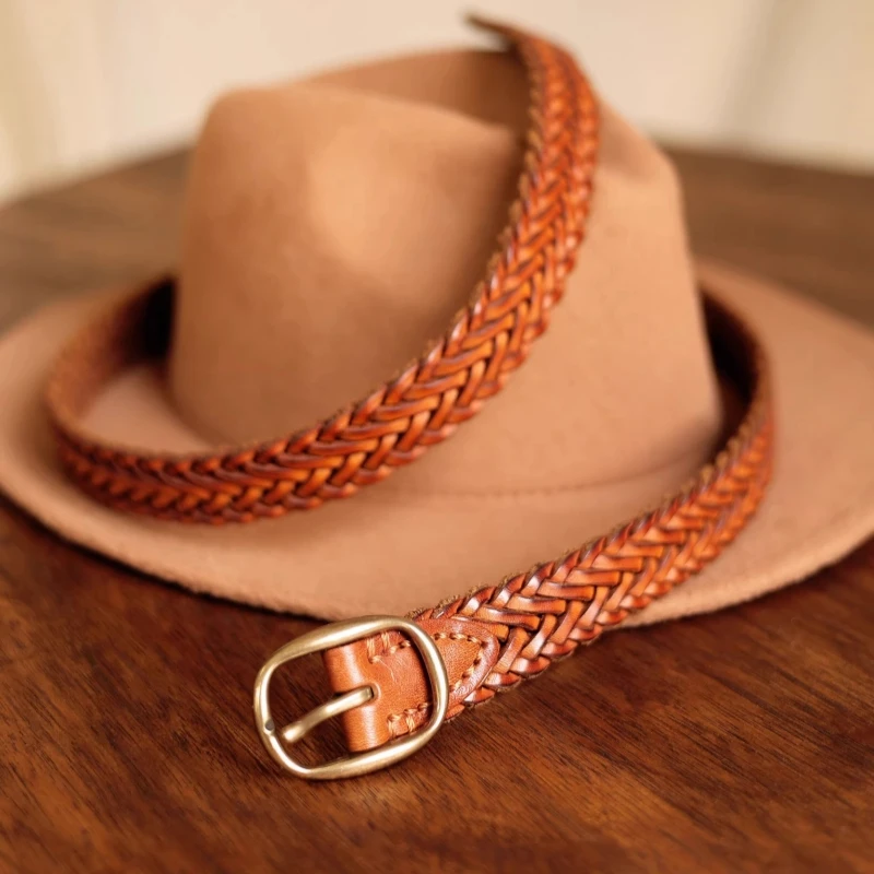 Unisex Vegetable Tanned Leather Belt Retro Genuine Pure Copper Buckle Handwoven Jeans Casual Vintage Adjustable Gift Waistband
