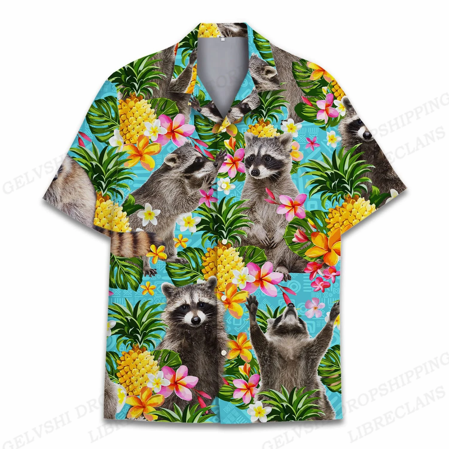 Kaus Floral Pria Musim Panas Kaus Pantai Gambar Cetak Kucing Kaus Fashion Pria Blus Kasual Panggilan Hawaii Kerah Uniseks Hewan Camisa