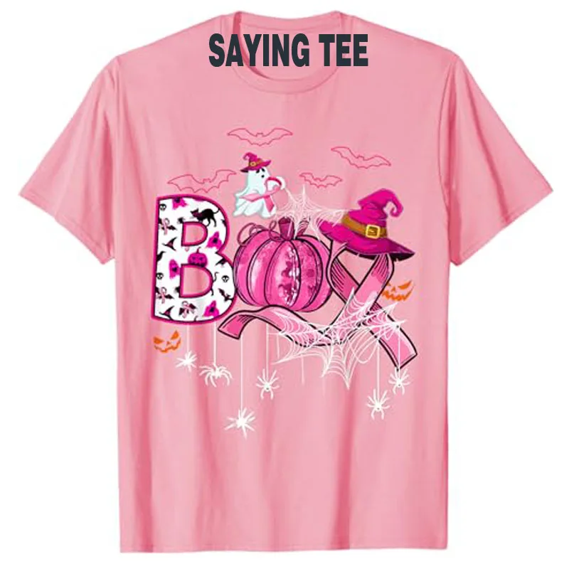 Boo Halloween Pumpkin Pink Ribbon Witch Breast Cancer T-Shirt Mental Health Support Awareness Costume Short Sleeve Saying Tee