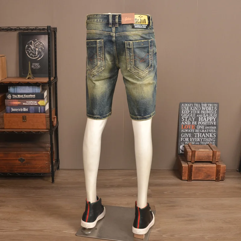 

Summer retro nostalgic ripped denim shorts men's trendy brand stretch slim fit high-end washed casual five quarter pants