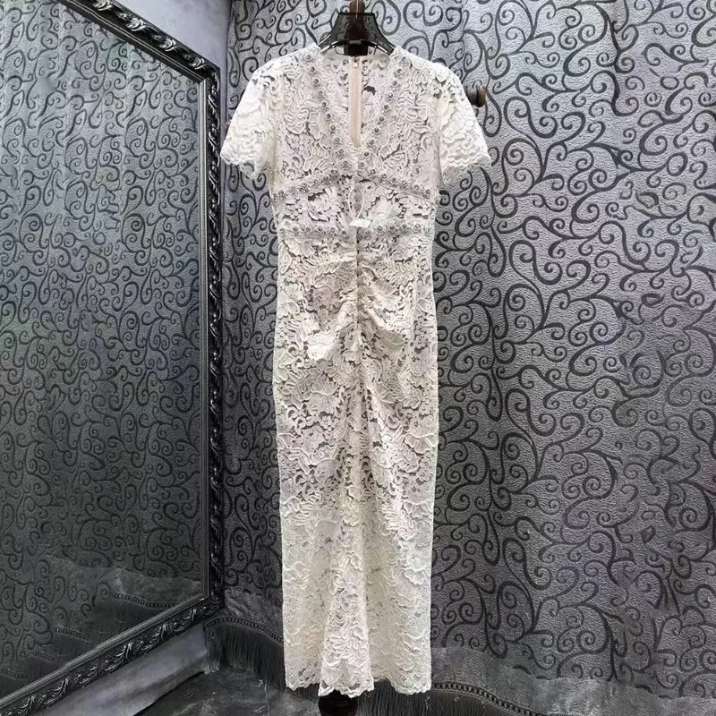 Hoge Kwaliteit Luxe Zomer Kant Prom Feestjurk Franse Vrouwen V-Hals Kralen Diamanten Holle Vouwen Bodycon Slanke Lange Vesti
