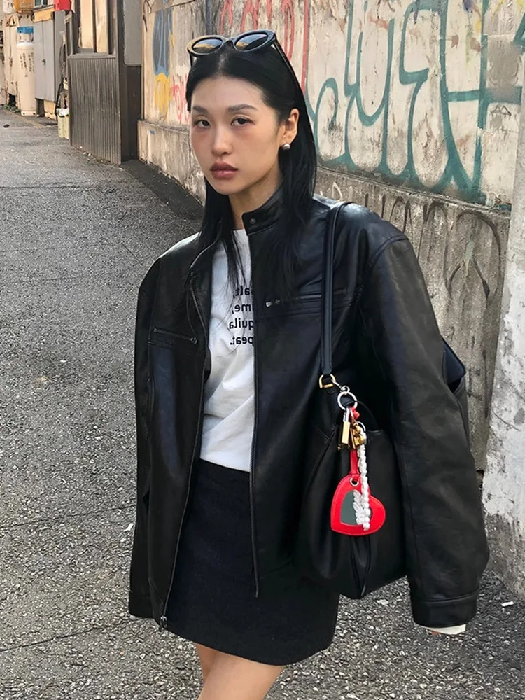 الشارع Sle فضفاض المرأة بلا الوقوف طوق السائق Jaet ريترو كول طويل Sve سستة بولي معطف معطف جلد الخريف Faion