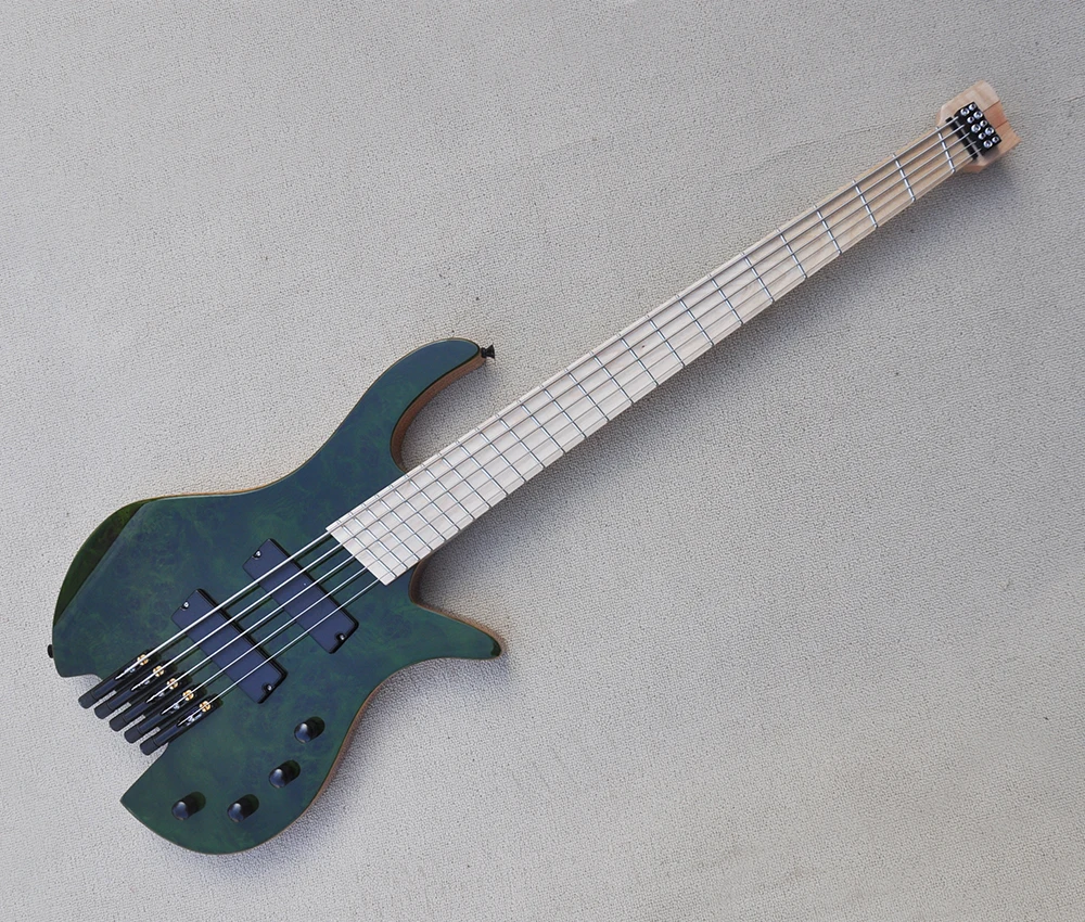 

Green 5 Strings Headless Electric Bass Guitar with Slanted Frets Maple Fretboard,Customizable