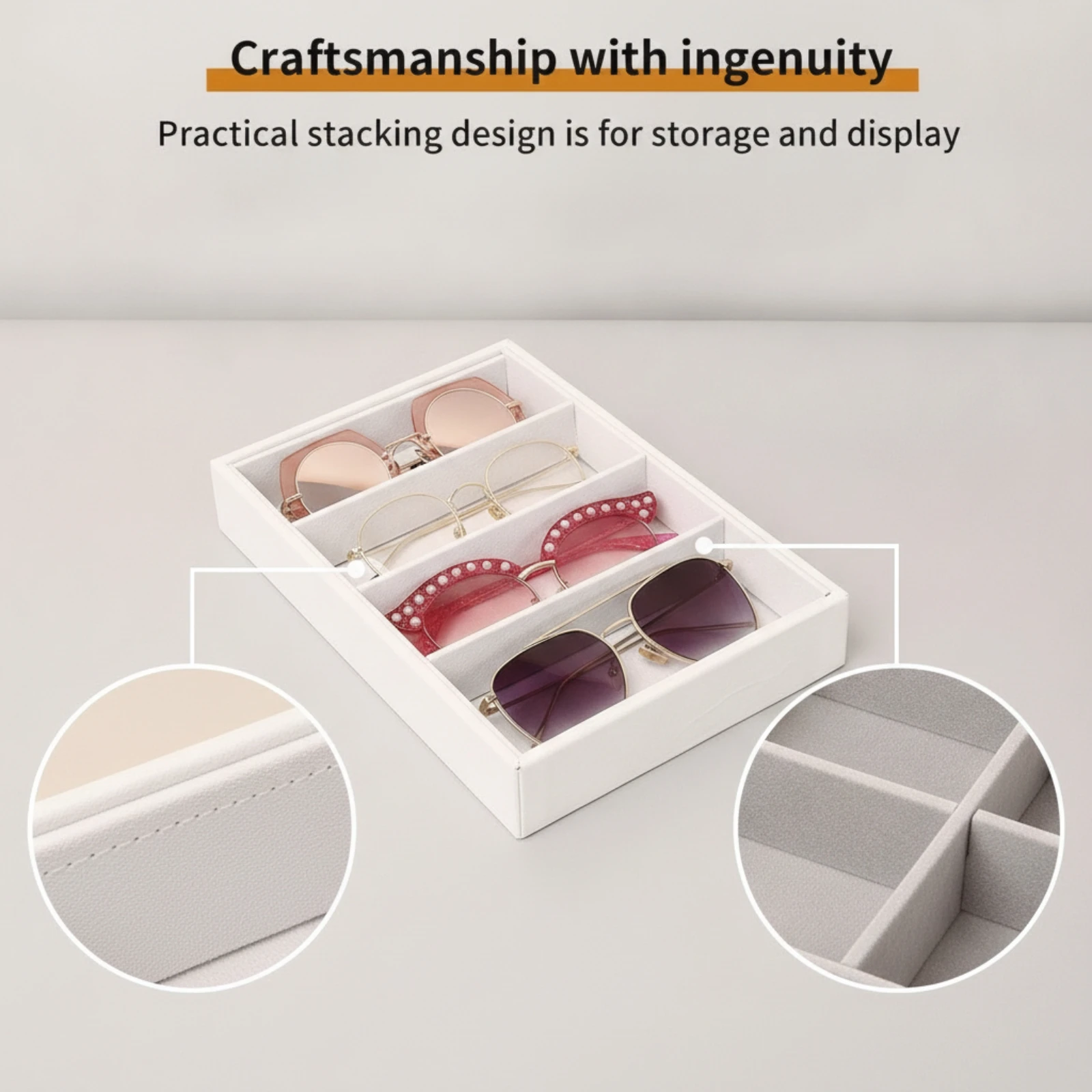 Caja de almacenamiento para gafas, bandeja organizadora apilable para gafas, estuche de exhibición para gafas, bandeja para gafas con 4 compartimentos divididos, 2 piezas