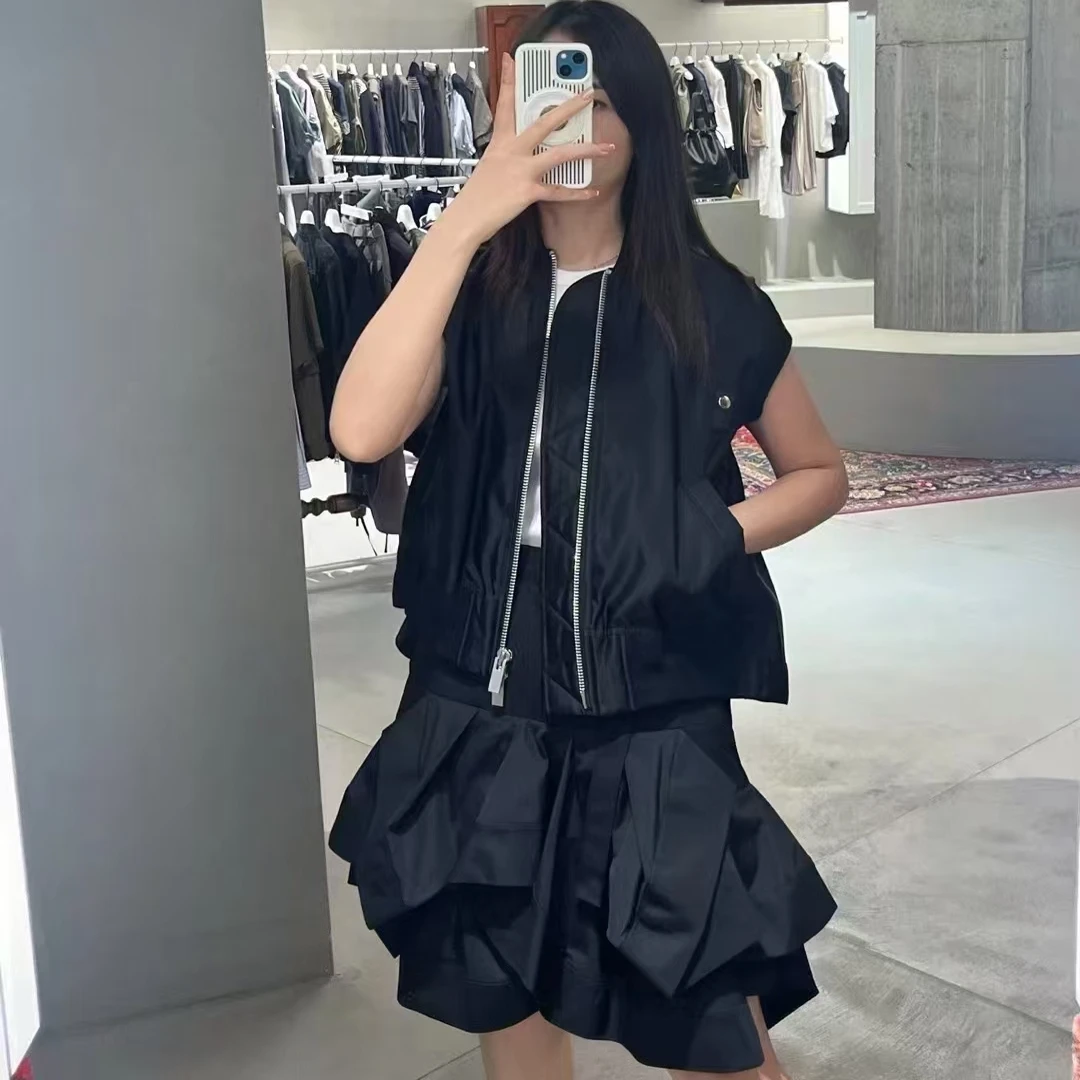 FOG SACAI Japanese Sle Spring Summer 2025 Asymmetrical Cotton Blend A-Line Bla  Skirt High Waist Commute Sle