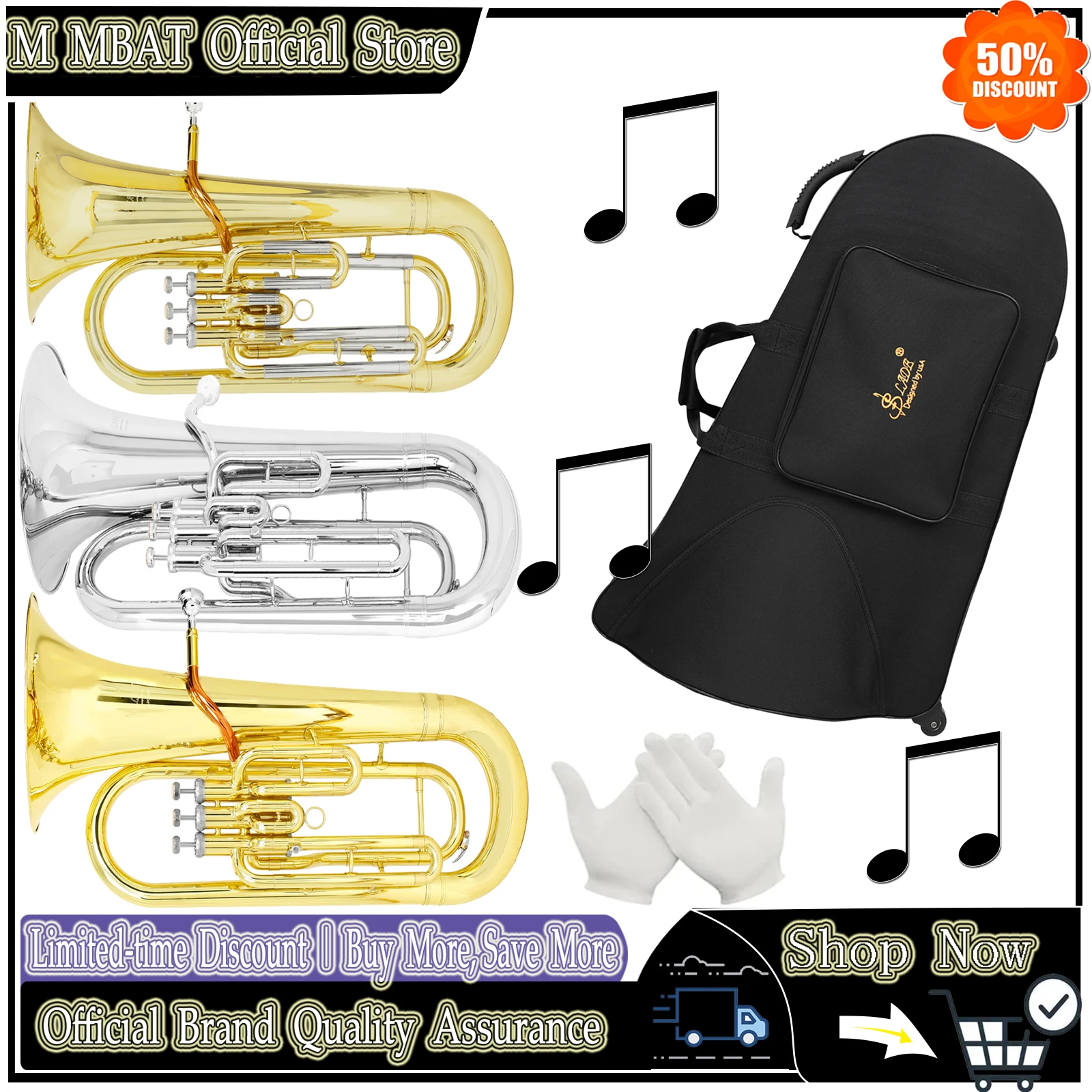 SLADE Bb Euphonium Import Brass Body 3-Key Baritone Horn Professional Brass Instrument Accessories with Case Back Straps