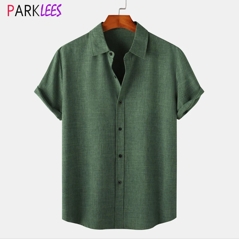 Camisa de lino y algodón verde para hombre, camisa cómoda informal de manga corta de marca, ligera, Hippie, para playa, boda y Yoga, verano 2023