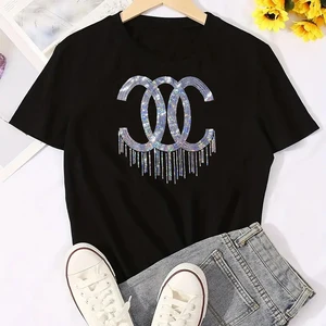 Short Sleeve T -Shirt of Women's Sequins, O, Elastic Loose T -shirt, plus size, large tops-en, lady, spring, summer, fashion, 2024 8 Main Sales Plus Size Women's Blouse - №5