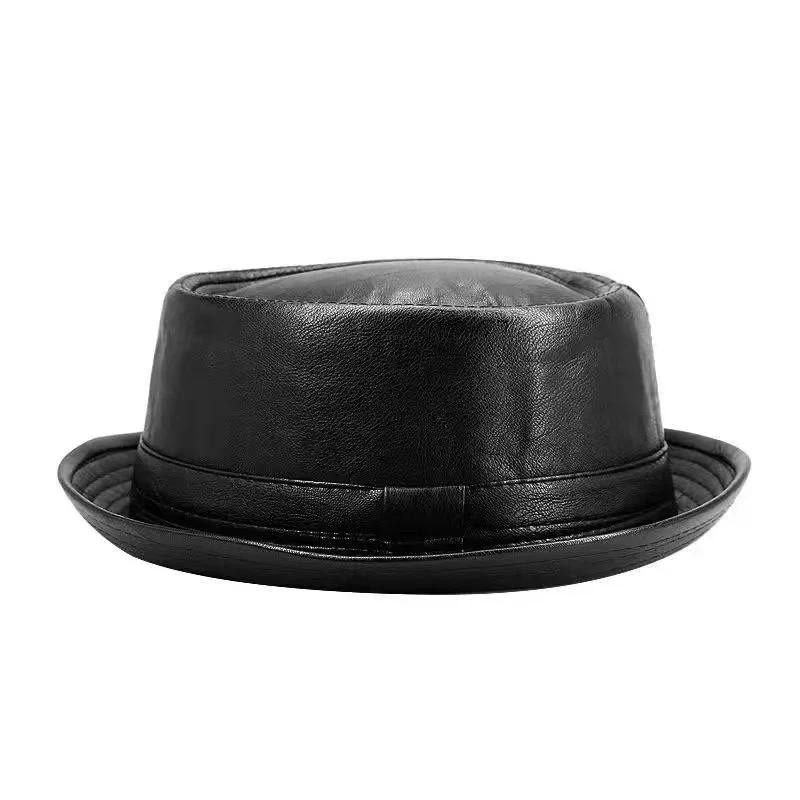 New Fashion Men\'s Black Leather Trilby Hat Men\'s Fedora Hat Vintage Women\'s Autumn Brand Men\'s Vintage Jazz Hat