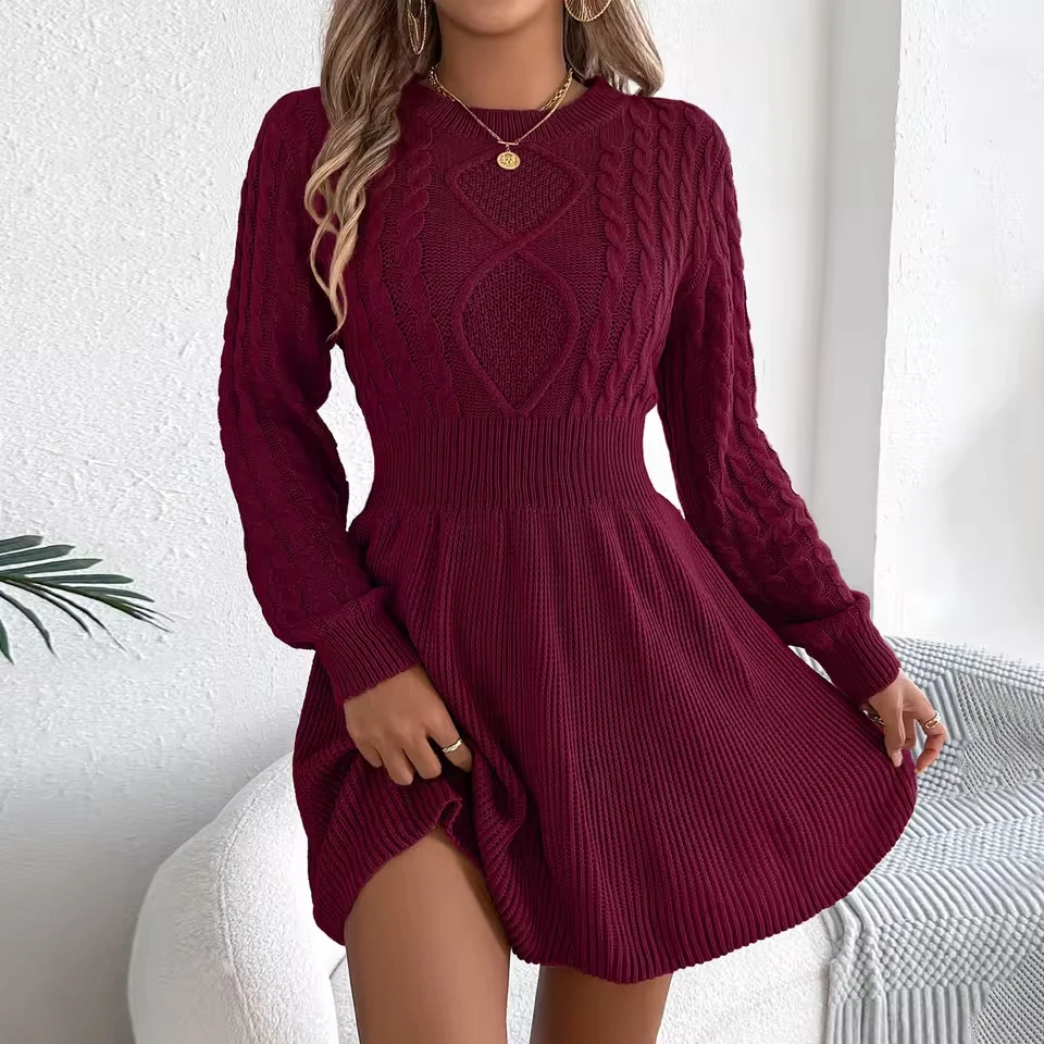 

Womens Slimming Waist Solid Knitted Dress Long Sleeve Solid Round Neck Fashionable Dresses Temperament Elegant Party Dresses