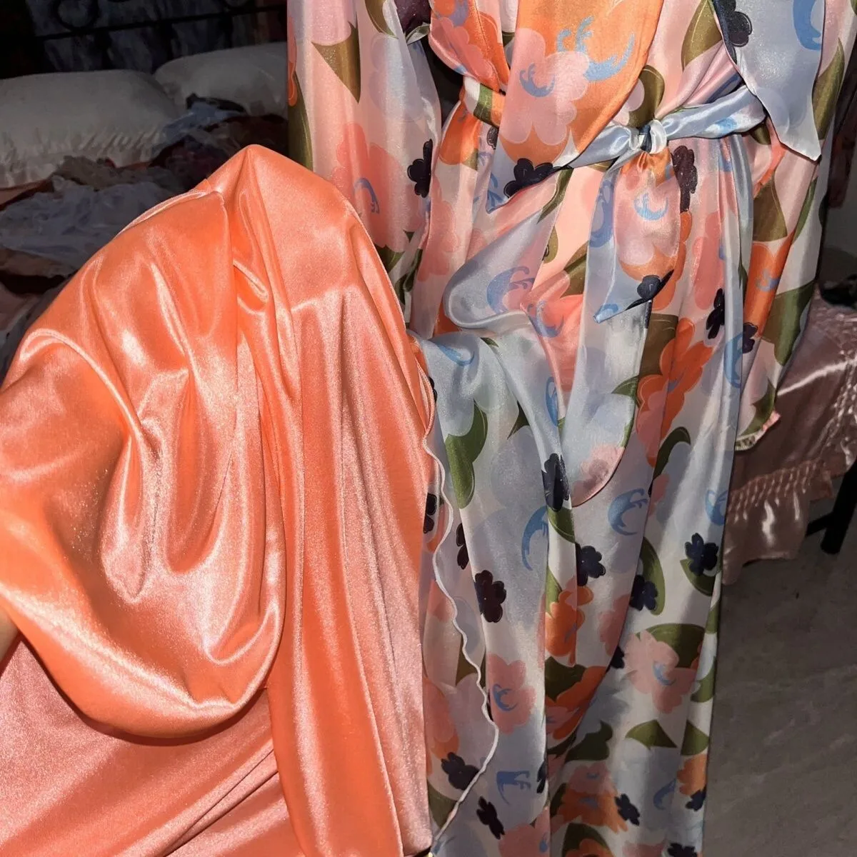 글로시 여성 메쉬 새틴 2겹 롱 드레스 루즈 파자마 맥시 드레스 풀오버 우아한 드레스 잠옷