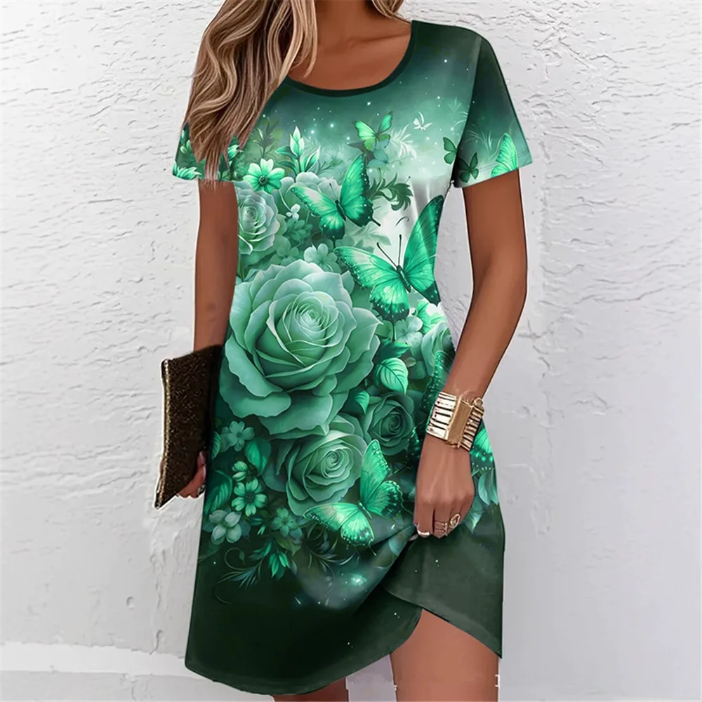 

Новые летние женские мини-платья с цветочным узором, уличное женское платье с коротким рукавом и 3d цветочным принтом, повседневное платье больших размеров 3XL