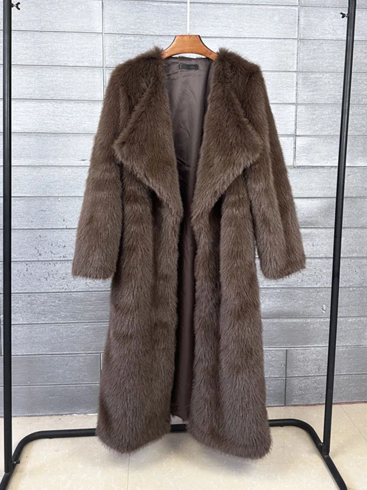 Super Long Outerwears Women Faux Fur Coat Luxury Lapel Coffee Overcoat Elegant Fluffy Faux Fur Jacket Winter Clothes Women 2024