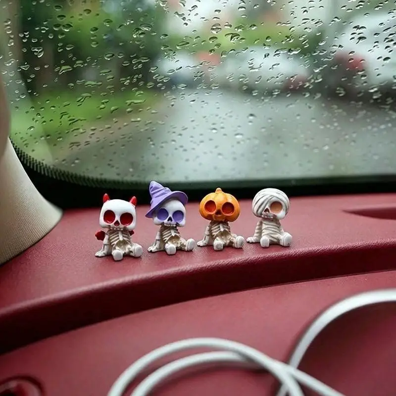 New 4Pcs Halloween Mini Figurines Set Spooky Resin Decor With Pumpkins Ghosts Skulls For Party Home Garden Decoration
