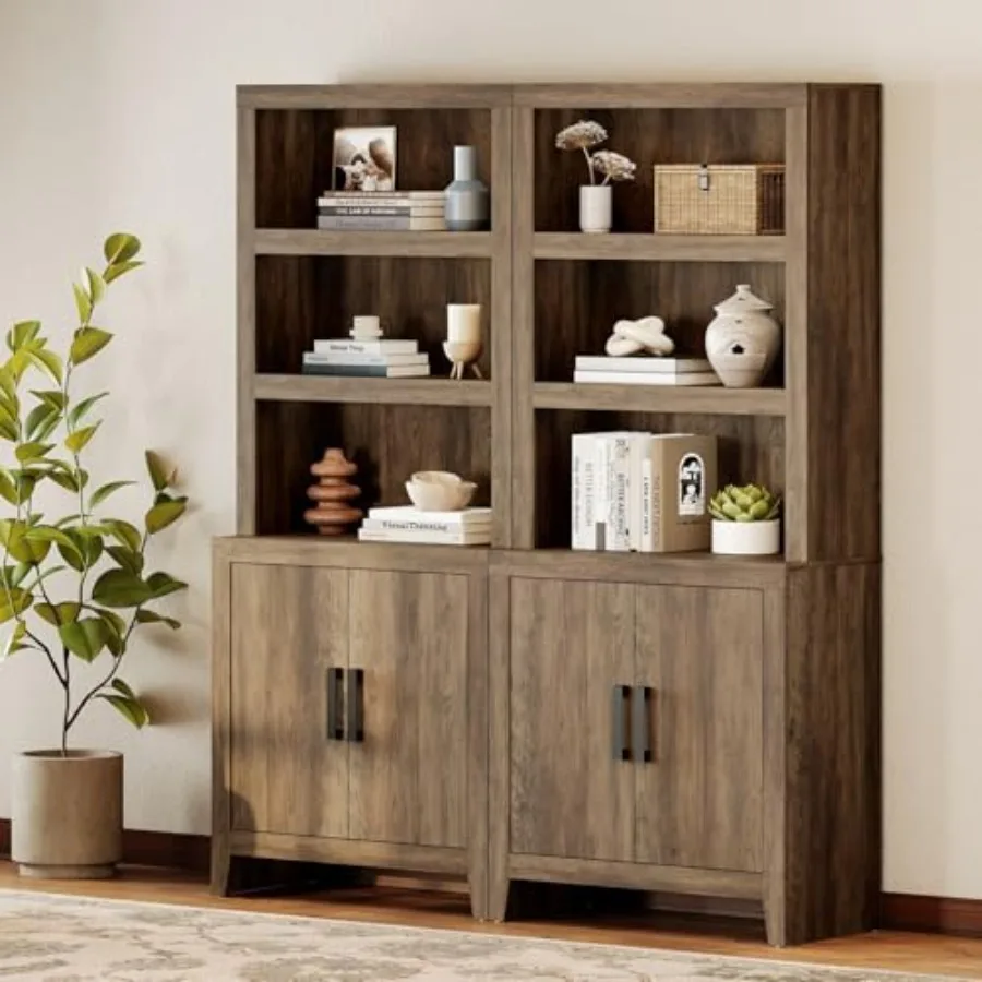 

74" Tall Bookshelf with Door, Farmhouse Bookcase with Adjustable Shelf and Storage Cabinet, Library Wooden Bookshelf for Living