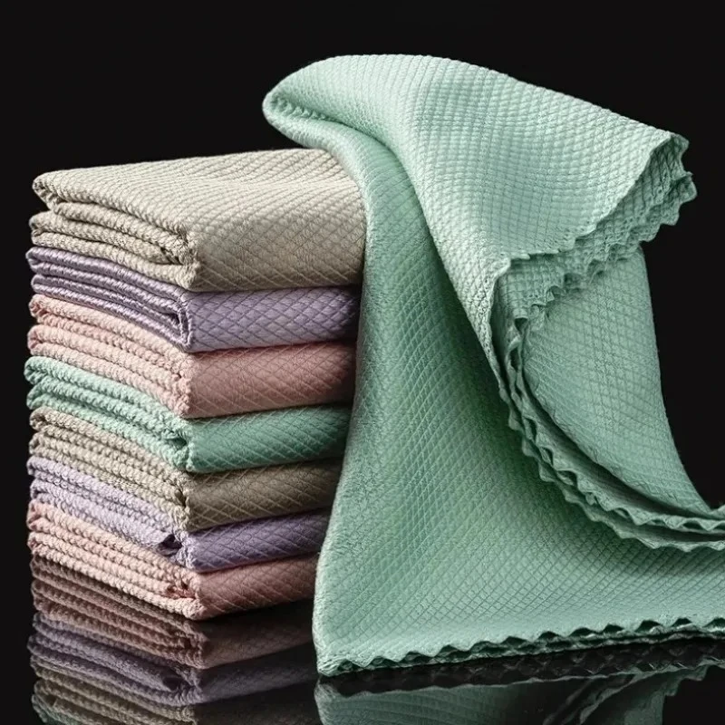 Paquete de 10 Paños de Limpieza de Microfibra, Paño Antipelusas con Diseño de Escamas de Pescado, Paño de Pulido Reutilizable para Vidrios, Ventanas, Autos, Cocina y Espejos