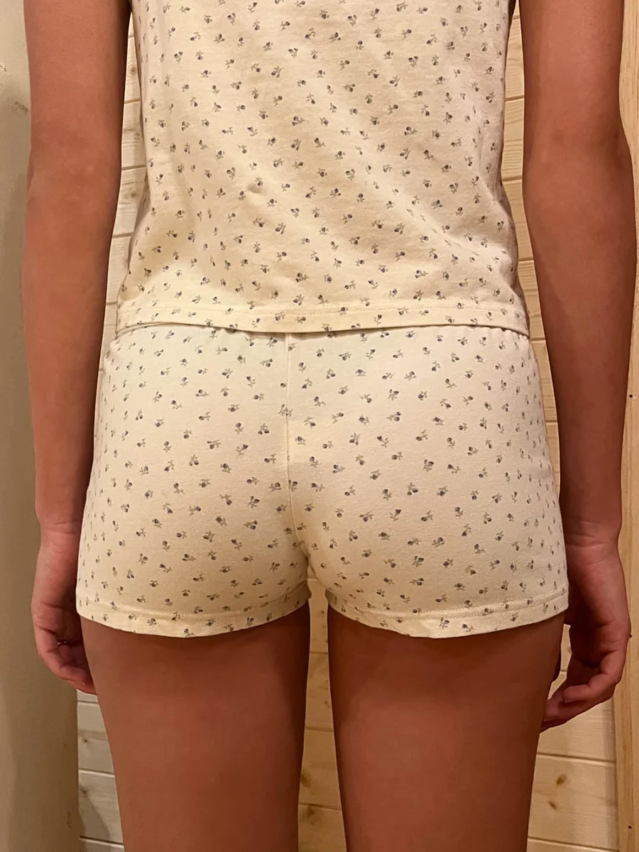 Lila Blumen druck Home Shorts Sommer Patchwork elastische Taille gerade kurze Hose lässig süße Baumwoll hose Frau Kleidung