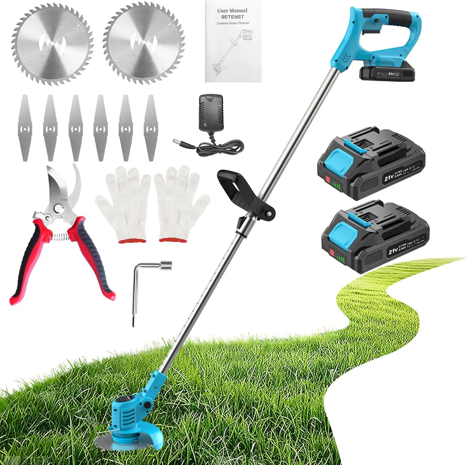 

Cordless Weed Trimmer 21V with 2 Batteries, Metal Blades, Adjustable Pole for Garden and Yard Lawn