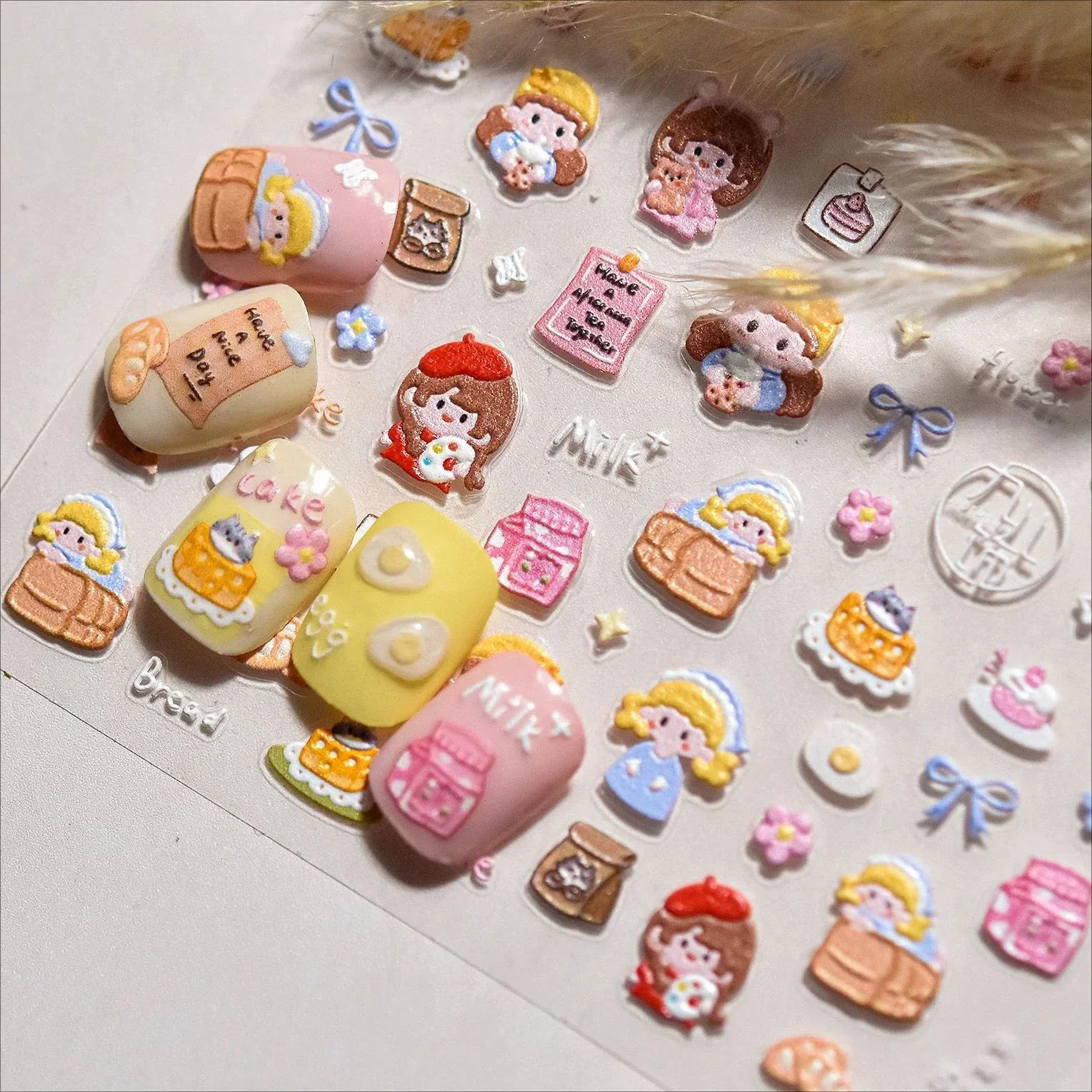 

Funny Food Cute Girl Gal Egg Stick Milk Tea Flower Lovely Cheese Cake Korean Style Woman Nail Art Stickers Coffee Manicure Decal