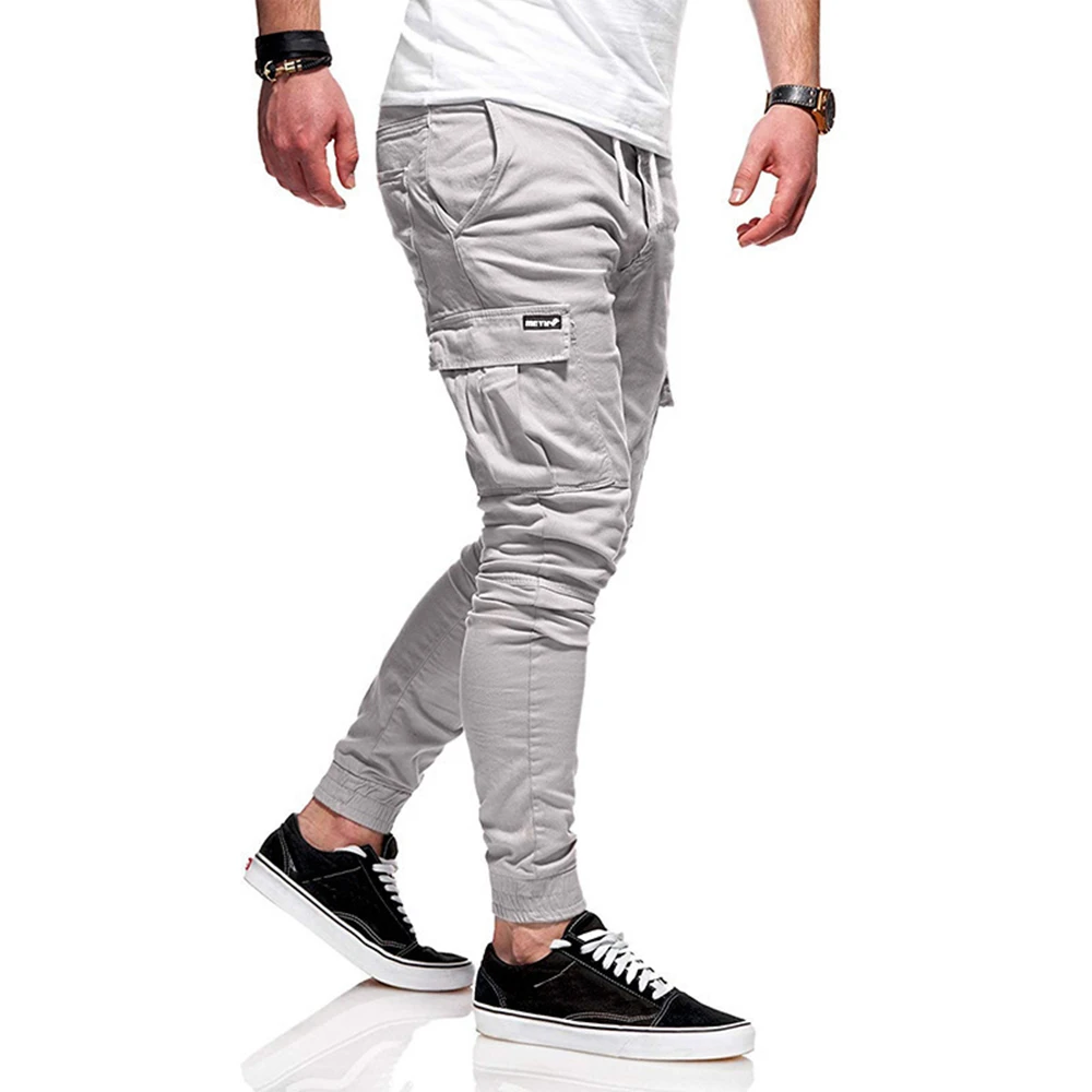 Mens Cotton Hip Hop Cargo Pants Grey Joggers Streetwear Casual Sport Trousers Training Workout Fitness Pockets Pant