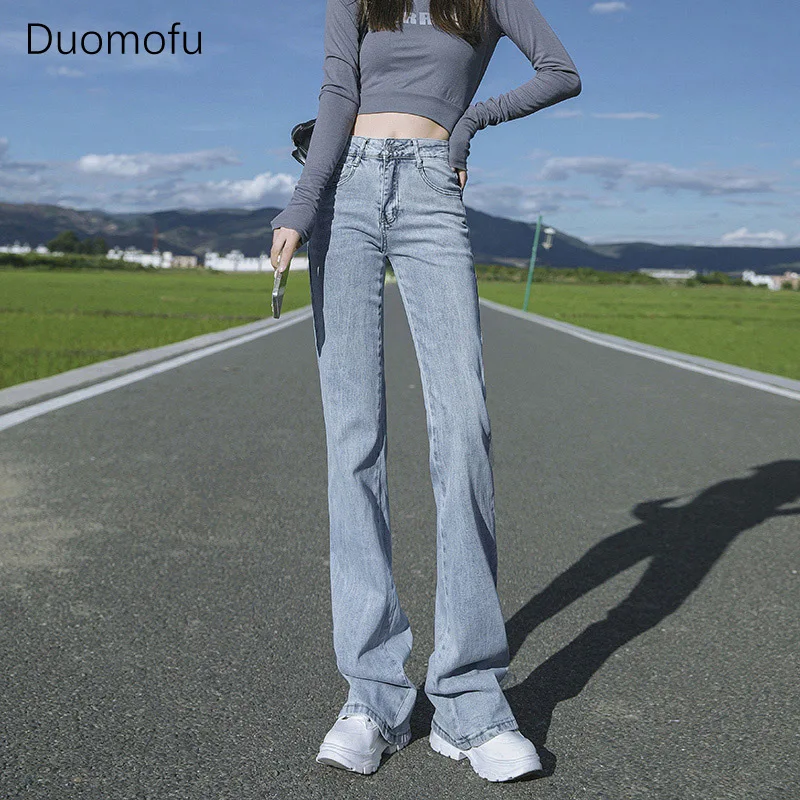 Duomofu Spring Light Blue Classic Full Length Flare Women Jeans Korean Chic Elastic High Waist Slim Fashion Simple Female Jeans